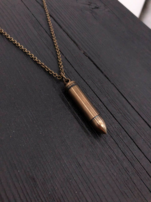Bullet Canister Necklace in Brass Capsule with Antique Finish Vial Cremation Urn