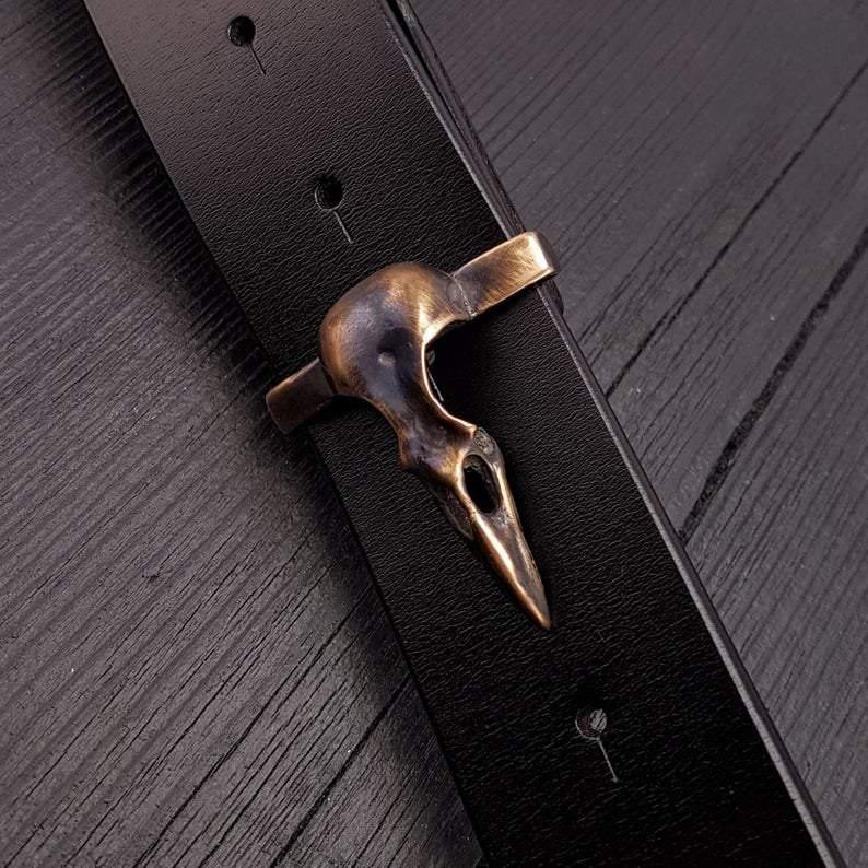 Crow Skull Belt Buckle Solid Hand Cast Bronze Fits 1.5 Inch Belt Oxidised Antique Finish Raven Skull - Moon Raven Designs