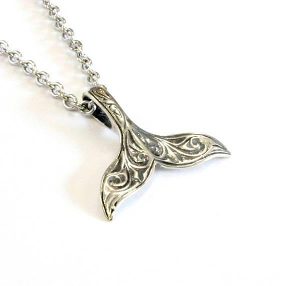 Engraved Whale Fluke Necklace Mermaid Tail Pendant in 925 Sterling Silver - Moon Raven Designs
