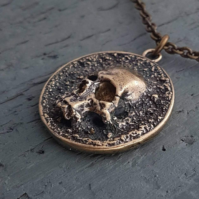 Pirate Skull Medallion Pendant Necklace Solid Gold Bronze - Moon Raven Designs