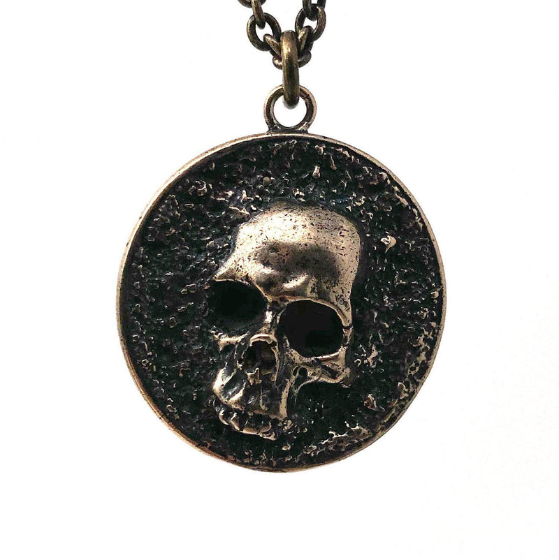 Pirate Skull Medallion Pendant Necklace Solid Gold Bronze - Moon Raven Designs