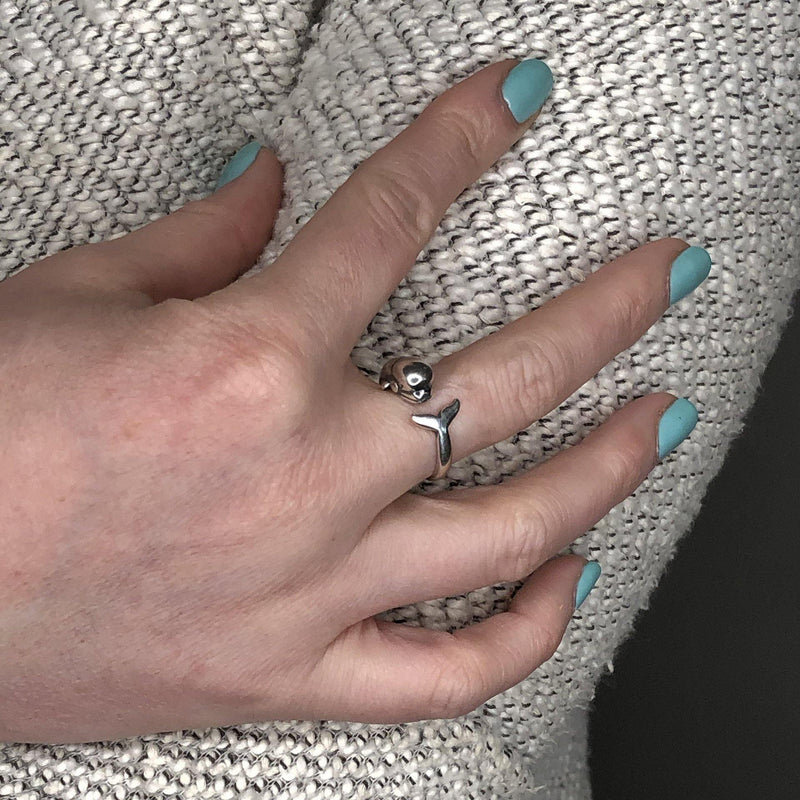 Beluga Whale Wrap Ring - Solid Hand Cast .925 Sterling Silver - Polished Oxidized Finish - Sizes 4.5 to 9 Available - Arctic Cetacean Gift - Moon Raven Designs