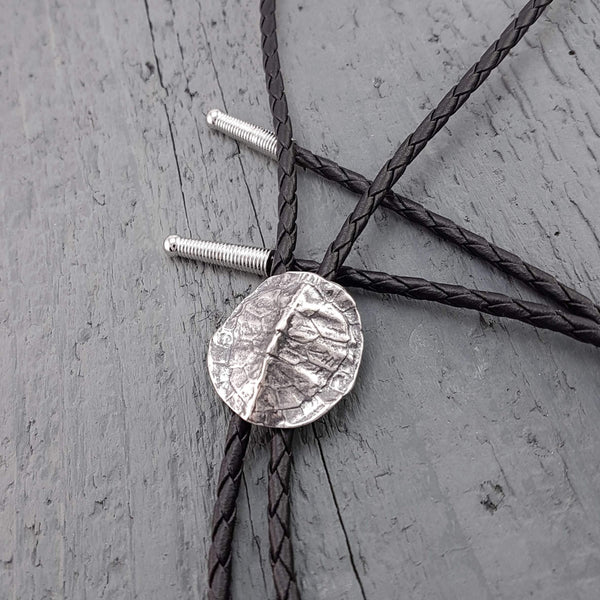 Turtle Shell Bolo Tie Silver Plated White Bronze and Braided Chord - Moon Raven Designs