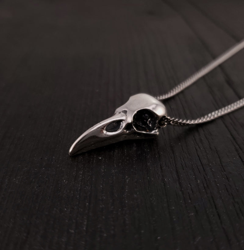 Raven Skull Necklace - Solid Cast 925 Sterling Silver - Polished Finish - Unisex Bird Skull Gift For Him or Her - Multiple Chain Options