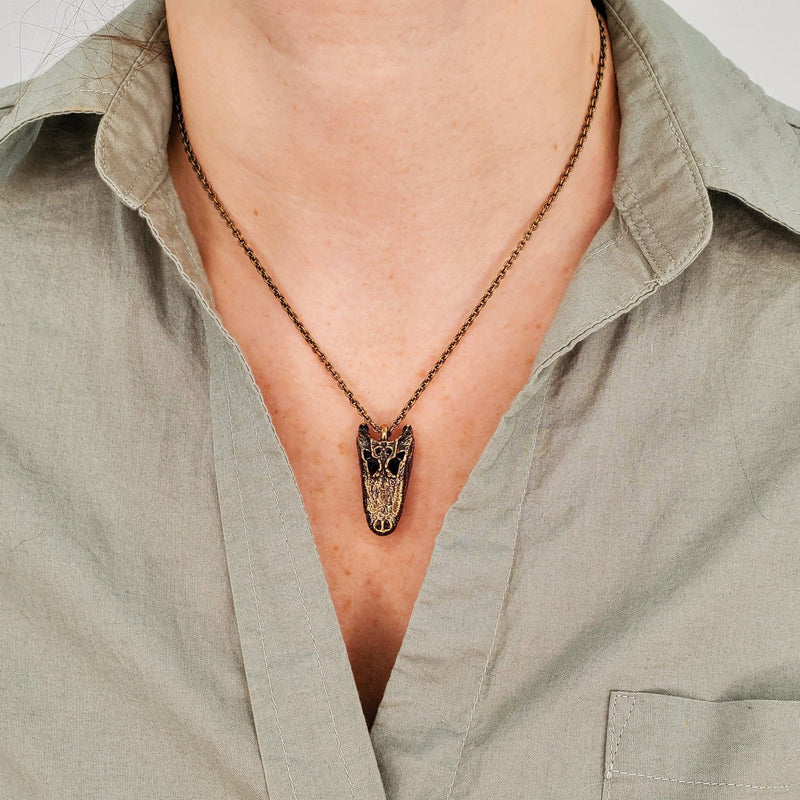 American Alligator Skull Pendant Necklace - Solid Hand Cast Jewelers Bronze - Polished Oxidised Finish - Multiple Chain Lengths Available