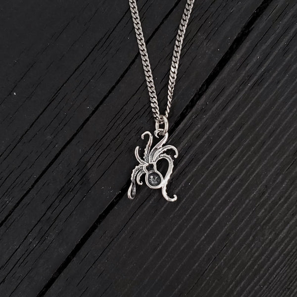 Tiny Octopus Charm Pendant Necklace - Solid Hand Cast 925 Sterling Silver - Polished Oxidised Finish - Multiple Chain Lengths - Unisex Gift