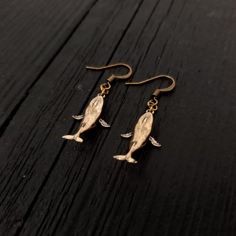Breaching Humpback Whale Earrings - Solid Hand Cast Bronze - Polished Finish - Jewelry Gift for or Her