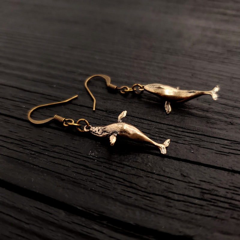 Breaching Humpback Whale Earrings - Solid Hand Cast Bronze - Polished Finish - Jewelry Gift for or Her