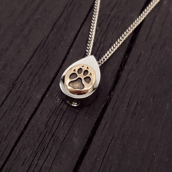 Dog Paw Print Tear Drop Cremation Ash Urn Necklace - Sold Bronze on Stainless Steel - Custom Engraved Personalised Mourning Pet Urn