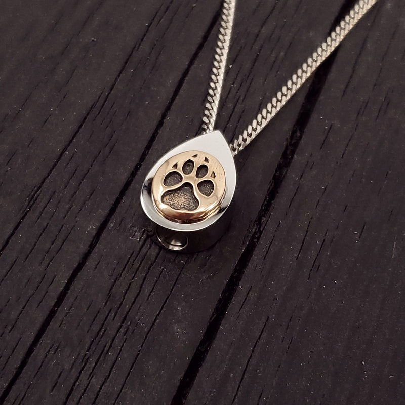 Dog Paw Print Tear Drop Cremation Ash Urn Necklace - Sold Bronze on Stainless Steel - Custom Engraved Personalised Mourning Pet Urn