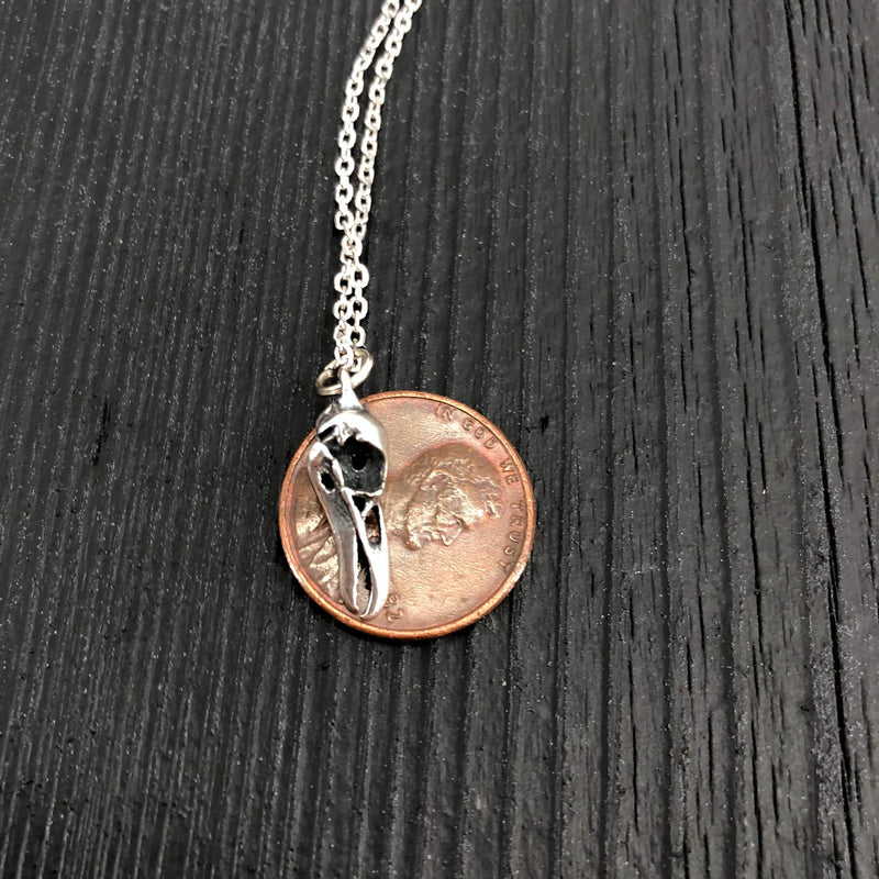 Tiny Sterling Silver Raven Skull Charm Necklace- Solid Hand Cast 925 Sterling Silver - Unique Nature Gift For Her