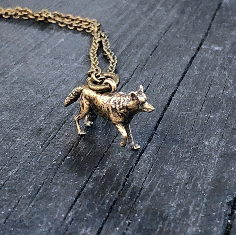 3D Grey Wolf Charm Pendant Necklace - Solid Bronze- Wolf Jewelry Gift for Her - Multiple Chain Lengths Available