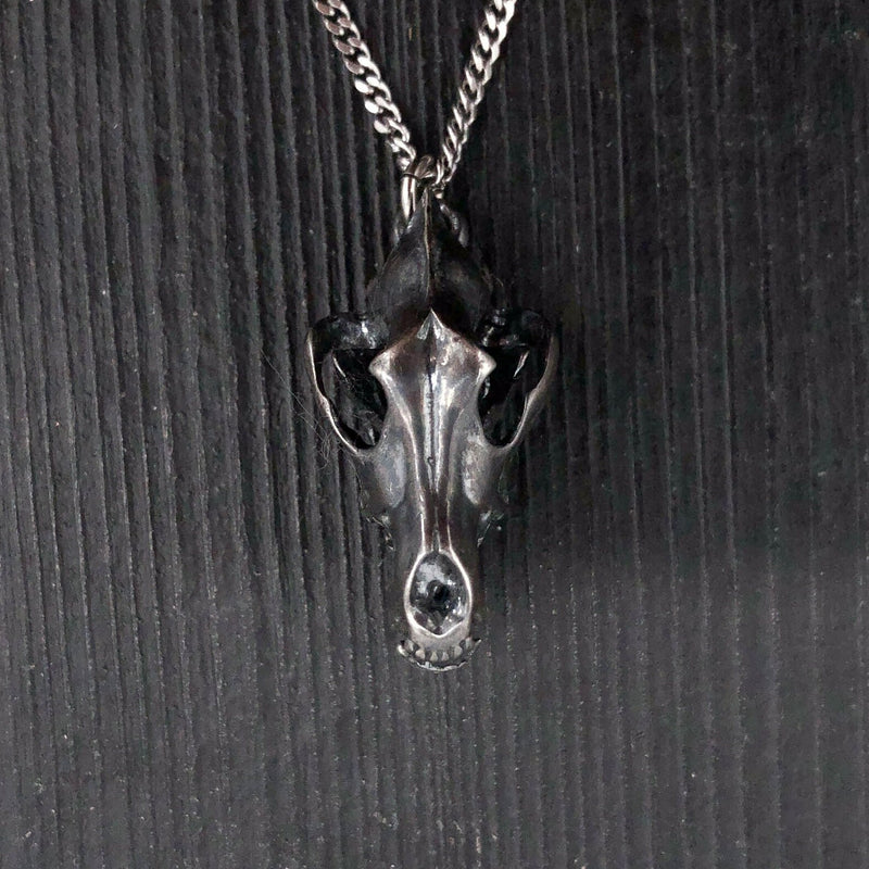Grey Wolf Skull Pendant Necklace - Solid Sterling Silver - Dark Oxidized Finish - Multiple Chain Lengths - Animal Jewelry