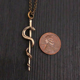 Rod Of Asclepius Pendant Necklace -Solid Hand Cast Bronze - Staff of Aesculapius - Medical First Responder Unisex Jewelry Gift