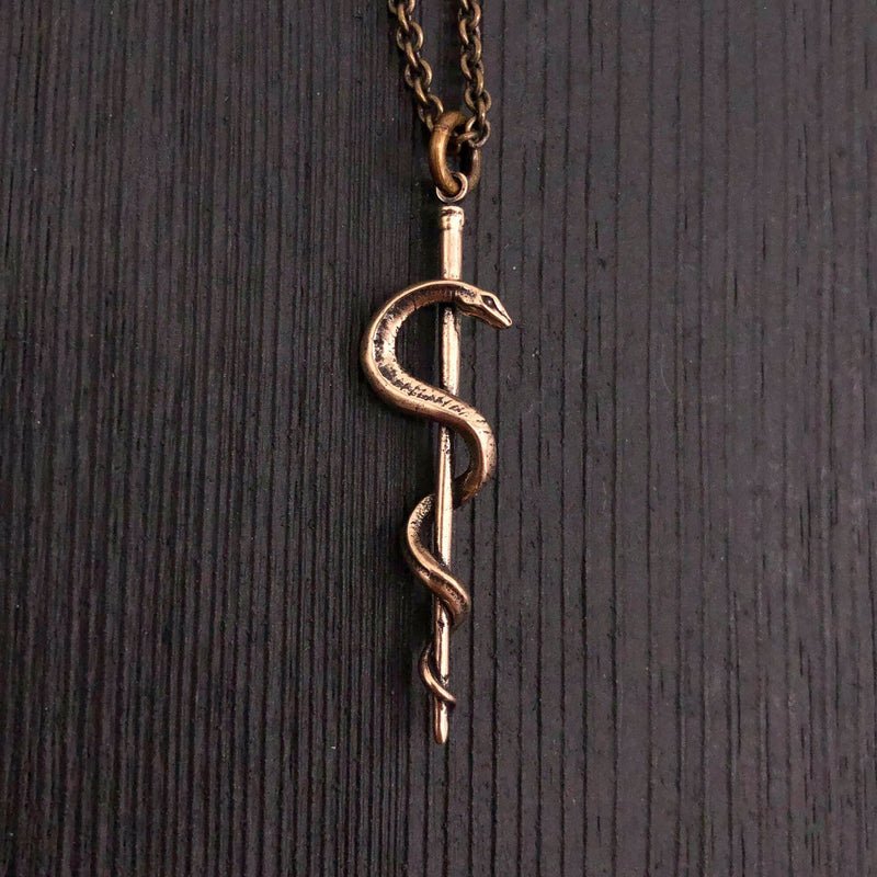 Rod Of Asclepius Pendant Necklace -Solid Hand Cast Bronze - Staff of Aesculapius - Medical First Responder Unisex Jewelry Gift