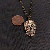 Sugar Skull Pendant Necklace in Solid Bronze - Day of the Dead