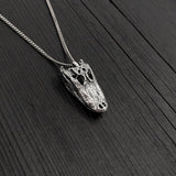 American Alligator Skull Pendant Necklace - Solid Hand Cast Sterling Silver - Polished Oxidised Finish - Multiple Chain Lengths Available