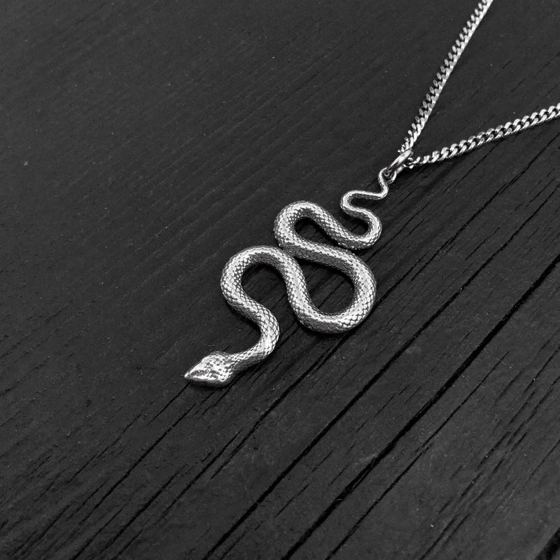 Viper Snake Pendant Necklace - Solid Hand Cast Sterling Silver - Polished Oxidized Finish - Multiple Chain Lengths - Serpent Jewelry