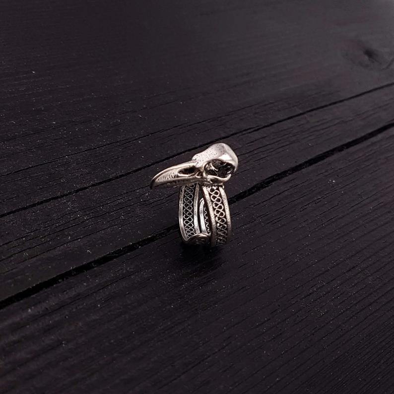 Silver Raven Skull Wrap Ring Sizes 4 to 13 Solid Hand Cast Silver Plated Bronze - Moon Raven Designs